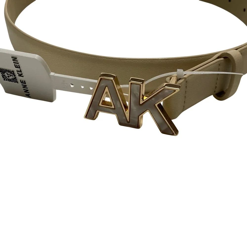 Anne Klein Womens Faux Leather Belt Gold‎ AK Logo Buckle Mother of Pearl  Md NWT